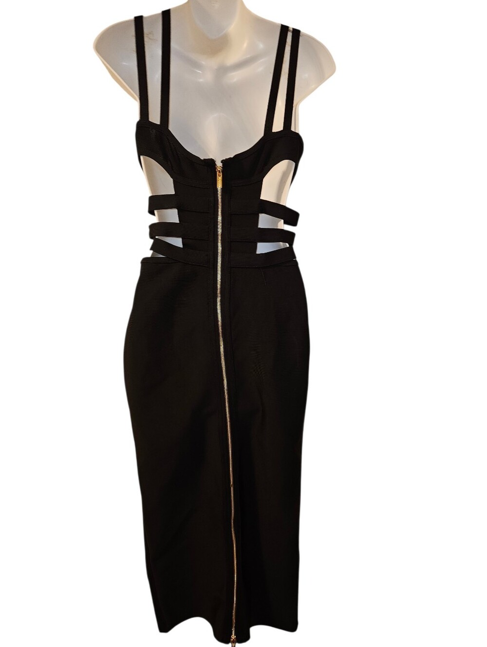 House of London Black Strappy Buckles Dress Gold Accents Bodycon Sz.M - Picture 5 of 5